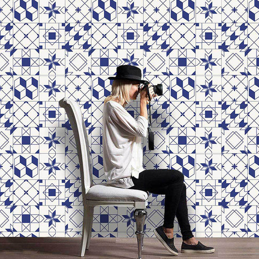 Modern Geometric Tiles Wallpaper Panels Blue-White Peel and Stick Wall Art for Living Room Blue-White Clearhalo 'Modern wall decor' 'Modern' 'Wallpaper' Wall Decor' 1425309