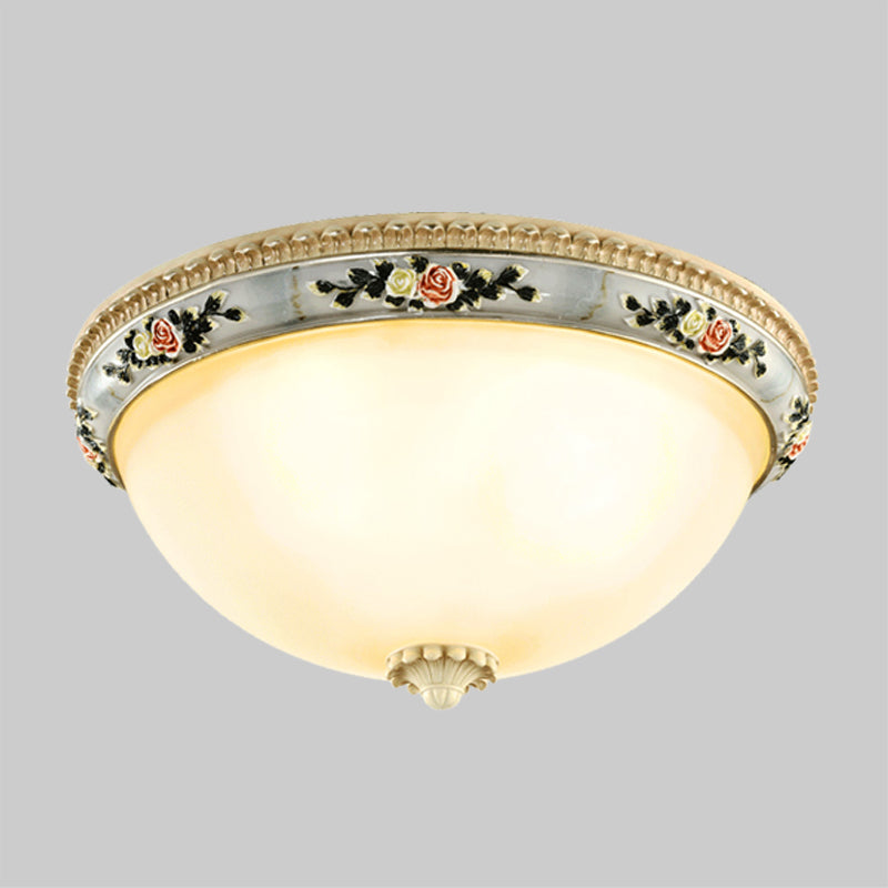 2/3-Head Dome Flush Mount Countryside Opal Glass Grey Ceiling Light Fixture with Floral Trim Decor, 14"/16"/18" Wide Clearhalo 'Ceiling Lights' 'Close To Ceiling Lights' 'Close to ceiling' 'Flush mount' Lighting' 1425315