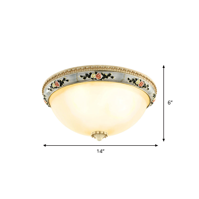 2/3-Head Dome Flush Mount Countryside Opal Glass Grey Ceiling Light Fixture with Floral Trim Decor, 14"/16"/18" Wide Clearhalo 'Ceiling Lights' 'Close To Ceiling Lights' 'Close to ceiling' 'Flush mount' Lighting' 1425316