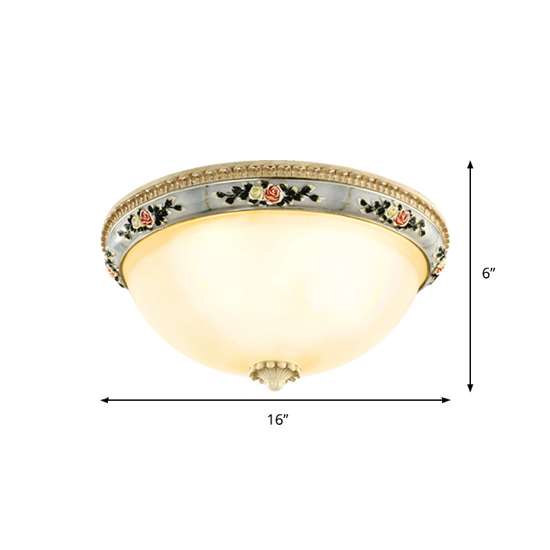 2/3-Head Dome Flush Mount Countryside Opal Glass Grey Ceiling Light Fixture with Floral Trim Decor, 14"/16"/18" Wide Clearhalo 'Ceiling Lights' 'Close To Ceiling Lights' 'Close to ceiling' 'Flush mount' Lighting' 1425317