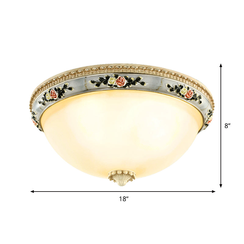 2/3-Head Dome Flush Mount Countryside Opal Glass Grey Ceiling Light Fixture with Floral Trim Decor, 14"/16"/18" Wide Clearhalo 'Ceiling Lights' 'Close To Ceiling Lights' 'Close to ceiling' 'Flush mount' Lighting' 1425318