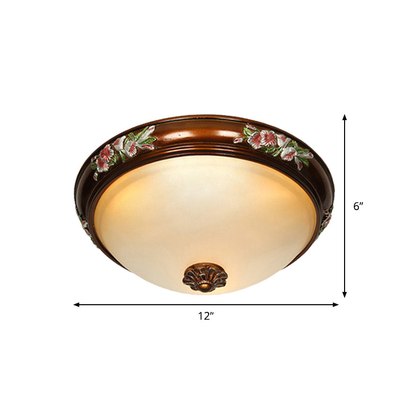 Dome Shape Frosted Glass Ceiling Flush Vintage 12"/16"/19.5" W 3 Bulbs Bedroom Flush Light Fixture with Blossom Design in Brown
