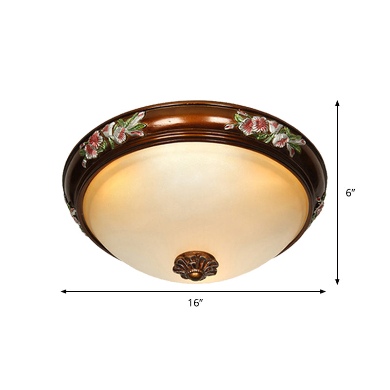 Dome Shape Frosted Glass Ceiling Flush Vintage 12"/16"/19.5" W 3 Bulbs Bedroom Flush Light Fixture with Blossom Design in Brown