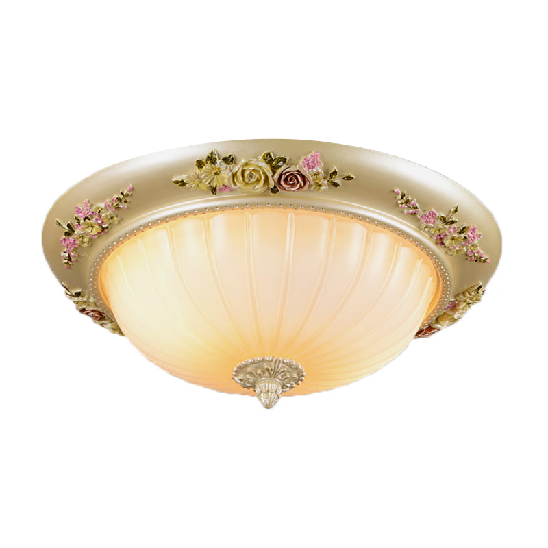 Beige 2/3-Head Flush Light Farmhouse Fluted Glass Domed Ceiling Lighting, 12.5"/14.5"/19" Width - Clearhalo - 'Ceiling Lights' - 'Close To Ceiling Lights' - 'Close to ceiling' - 'Flush mount' - Lighting' - 1425327