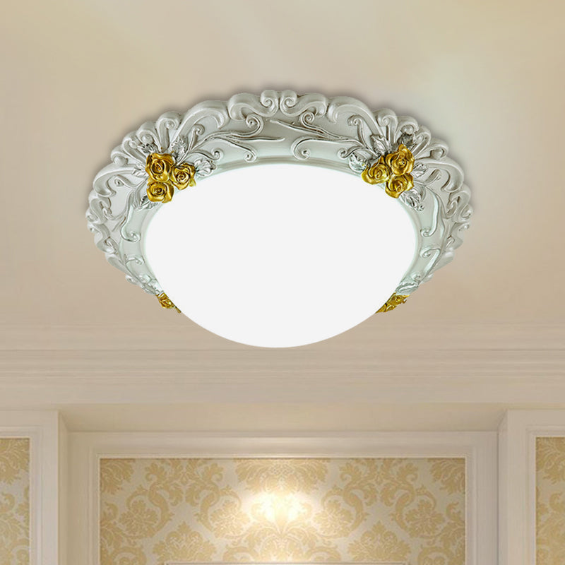 Milky Glass Semi-Orb Ceiling Fixture Traditional LED Corridor Flush Mount Lighting with Floral Edge in White and Gold/Brown - White-Gold - Clearhalo - 'Ceiling Lights' - 'Close To Ceiling Lights' - 'Close to ceiling' - 'Flush mount' - Lighting' - 1425331