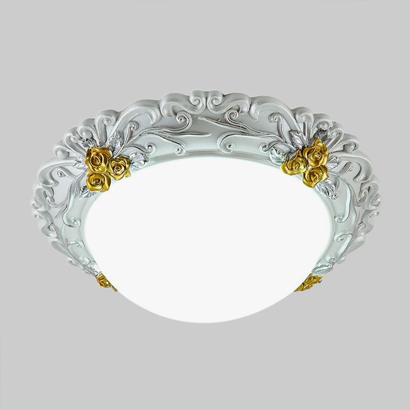 Milky Glass Semi-Orb Ceiling Fixture Traditional LED Corridor Flush Mount Lighting with Floral Edge in White and Gold/Brown - Clearhalo - 'Ceiling Lights' - 'Close To Ceiling Lights' - 'Close to ceiling' - 'Flush mount' - Lighting' - 1425333