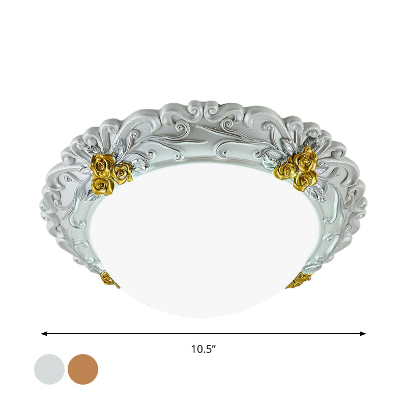 Milky Glass Semi-Orb Ceiling Fixture Traditional LED Corridor Flush Mount Lighting with Floral Edge in White and Gold/Brown - Clearhalo - 'Ceiling Lights' - 'Close To Ceiling Lights' - 'Close to ceiling' - 'Flush mount' - Lighting' - 1425334