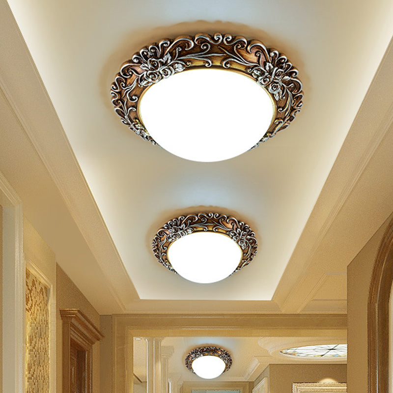 Milky Glass Semi-Orb Ceiling Fixture Traditional LED Corridor Flush Mount Lighting with Floral Edge in White and Gold/Brown - Brown - Clearhalo - 'Ceiling Lights' - 'Close To Ceiling Lights' - 'Close to ceiling' - 'Flush mount' - Lighting' - 1425335