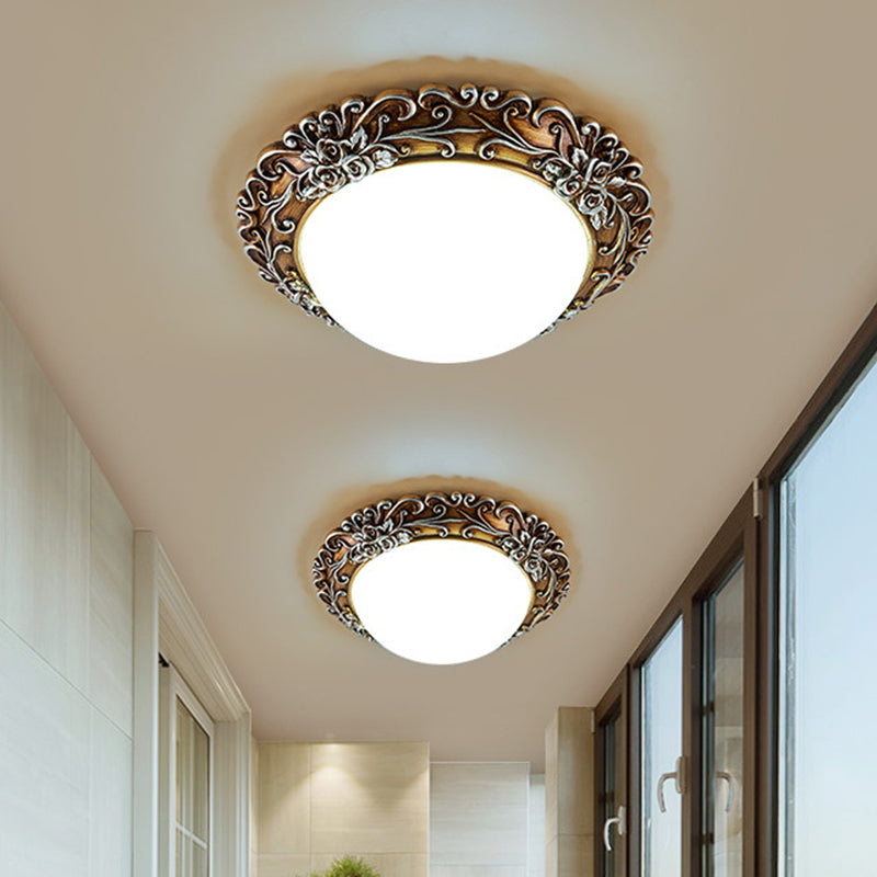Milky Glass Semi-Orb Ceiling Fixture Traditional LED Corridor Flush Mount Lighting with Floral Edge in White and Gold/Brown - Clearhalo - 'Ceiling Lights' - 'Close To Ceiling Lights' - 'Close to ceiling' - 'Flush mount' - Lighting' - 1425336