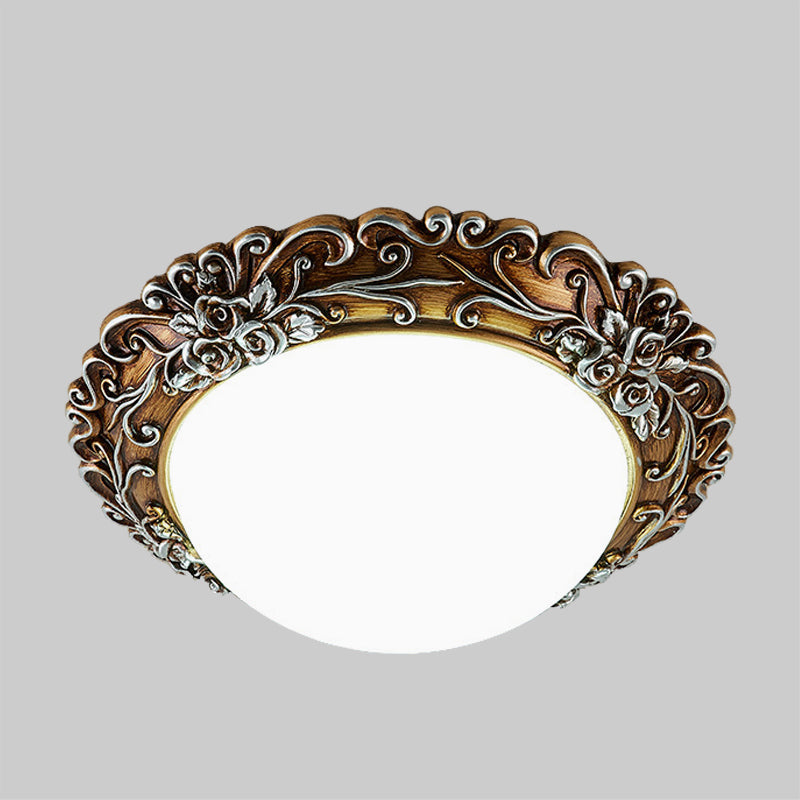 Milky Glass Semi-Orb Ceiling Fixture Traditional LED Corridor Flush Mount Lighting with Floral Edge in White and Gold/Brown - Clearhalo - 'Ceiling Lights' - 'Close To Ceiling Lights' - 'Close to ceiling' - 'Flush mount' - Lighting' - 1425338
