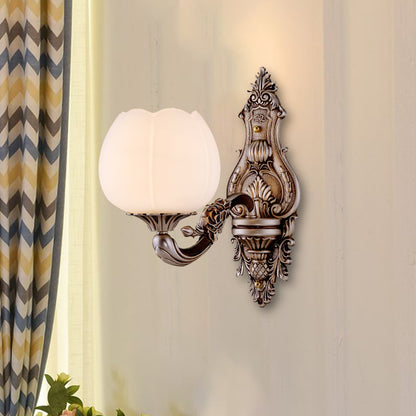 Frosted Glass Bloom Wall Lighting Vintage 1/2-Head Living Room Wall Light Sconce with Curved Arm in Coffee 1.0 Coffee Clearhalo 'Wall Lamps & Sconces' 'Wall Lights' Lighting' 1425369