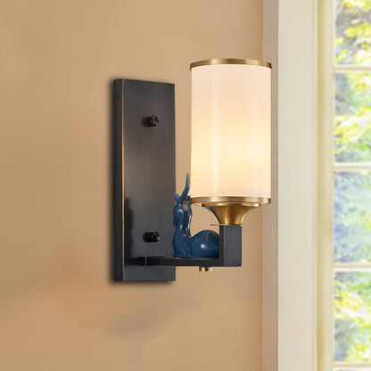 Antiqued Column Sconce Light Single Bulb Opal Glass Wall Lighting Idea with Rectangular Backplate in White White Clearhalo 'Wall Lamps & Sconces' 'Wall Lights' Lighting' 1425374