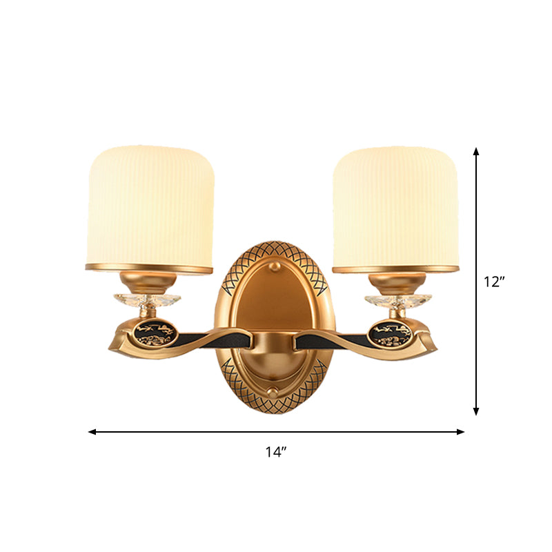 Gold Cylinder Wall Lighting Retro Style Ribbed Glass 1/2 Bulbs Bedside Wall Sconce Light Clearhalo 'Wall Lamps & Sconces' 'Wall Lights' Lighting' 1425399