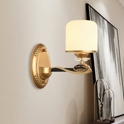 Gold Cylinder Wall Lighting Retro Style Ribbed Glass 1/2 Bulbs Bedside Wall Sconce Light 1.0 Gold Clearhalo 'Wall Lamps & Sconces' 'Wall Lights' Lighting' 1425400