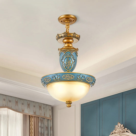 Frosted Glass Domed Pendant Light Farmhouse 3 Bulbs Dining Room Ceiling Lamp with Carving Blossom in Blue, 14.5"/19" Wide Blue Clearhalo 'Ceiling Lights' 'Glass shade' 'Glass' 'Pendant Lights' 'Pendants' Lighting' 1425415