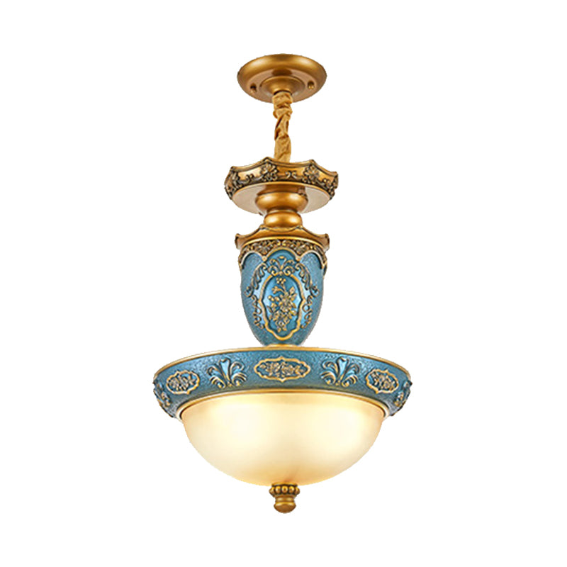 Frosted Glass Domed Pendant Light Farmhouse 3 Bulbs Dining Room Ceiling Lamp with Carving Blossom in Blue, 14.5"/19" Wide Clearhalo 'Ceiling Lights' 'Glass shade' 'Glass' 'Pendant Lights' 'Pendants' Lighting' 1425416