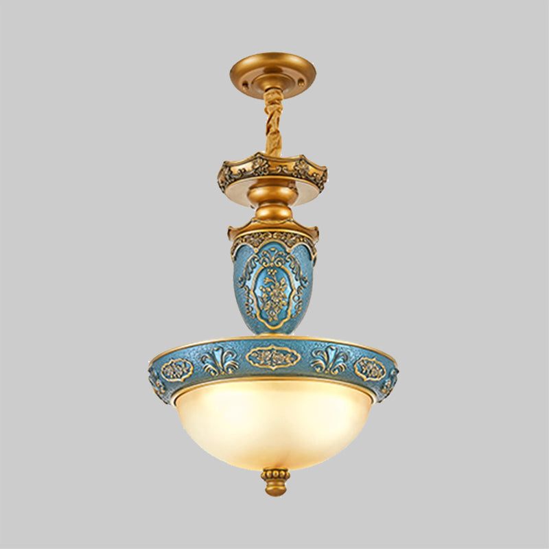 Frosted Glass Domed Pendant Light Farmhouse 3 Bulbs Dining Room Ceiling Lamp with Carving Blossom in Blue, 14.5"/19" Wide Clearhalo 'Ceiling Lights' 'Glass shade' 'Glass' 'Pendant Lights' 'Pendants' Lighting' 1425417