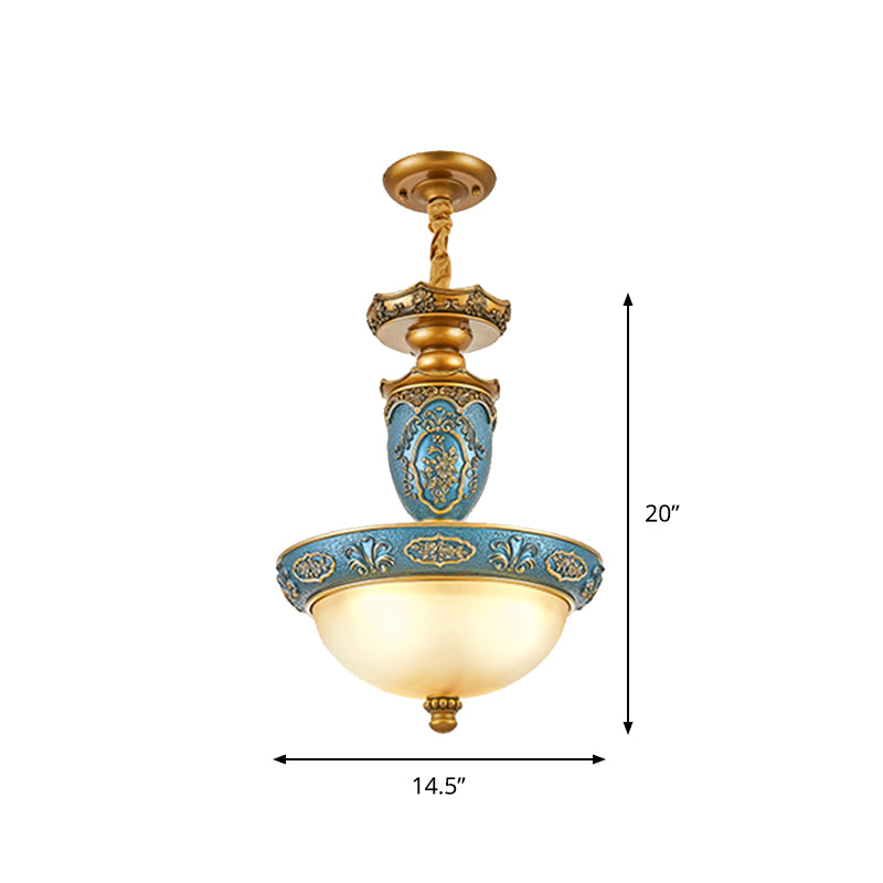 Frosted Glass Domed Pendant Light Farmhouse 3 Bulbs Dining Room Ceiling Lamp with Carving Blossom in Blue, 14.5"/19" Wide Clearhalo 'Ceiling Lights' 'Glass shade' 'Glass' 'Pendant Lights' 'Pendants' Lighting' 1425418