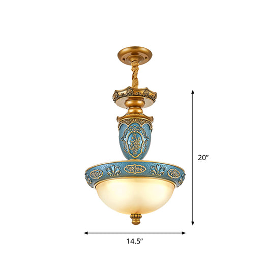 Frosted Glass Domed Pendant Light Farmhouse 3 Bulbs Dining Room Ceiling Lamp with Carving Blossom in Blue, 14.5"/19" Wide Clearhalo 'Ceiling Lights' 'Glass shade' 'Glass' 'Pendant Lights' 'Pendants' Lighting' 1425418
