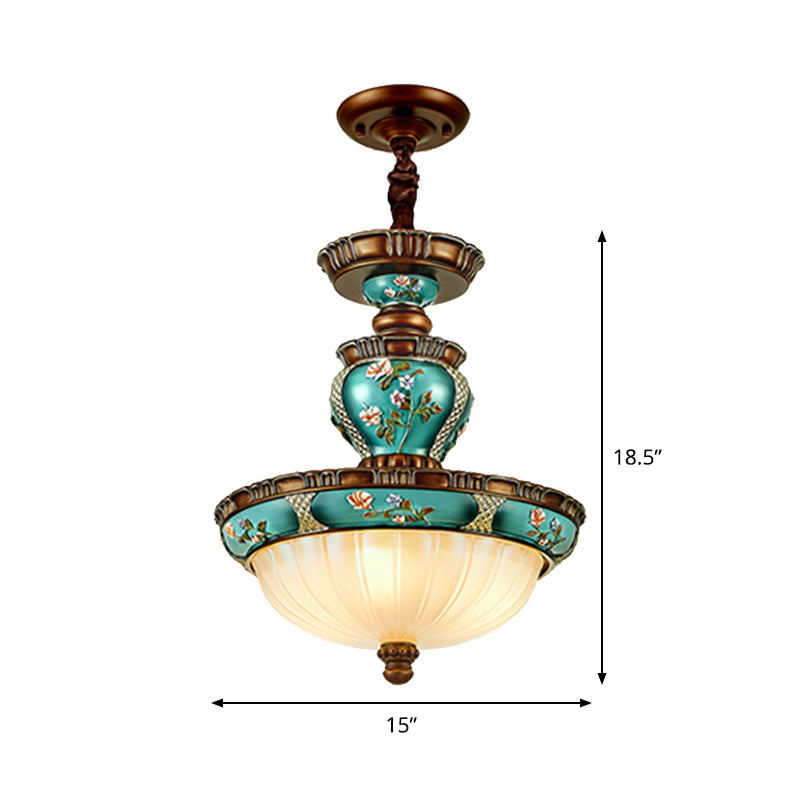 Vintage Dome-Shaped Hanging Lamp 15"/19" Wide 3 Heads Ribbed Glass Etching Down Lighting Idea in Blue Clearhalo 'Ceiling Lights' 'Close To Ceiling Lights' 'Glass shade' 'Glass' 'Pendant Lights' 'Pendants' Lighting' 1425429