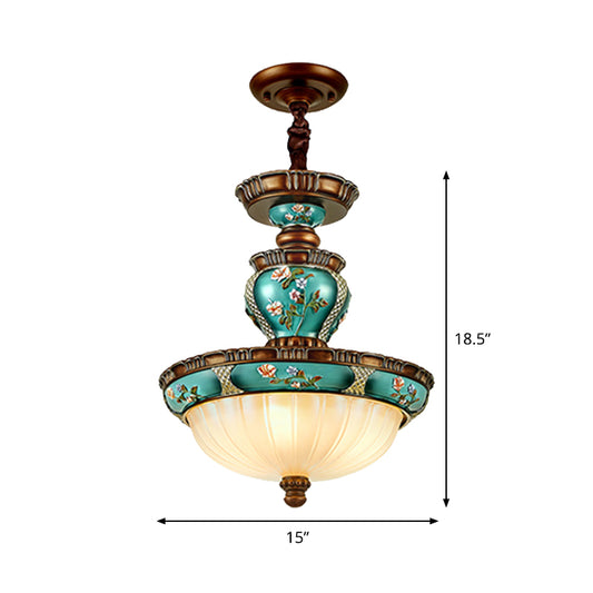 Vintage Dome-Shaped Hanging Lamp 15"/19" Wide 3 Heads Ribbed Glass Etching Down Lighting Idea in Blue Clearhalo 'Ceiling Lights' 'Close To Ceiling Lights' 'Glass shade' 'Glass' 'Pendant Lights' 'Pendants' Lighting' 1425429