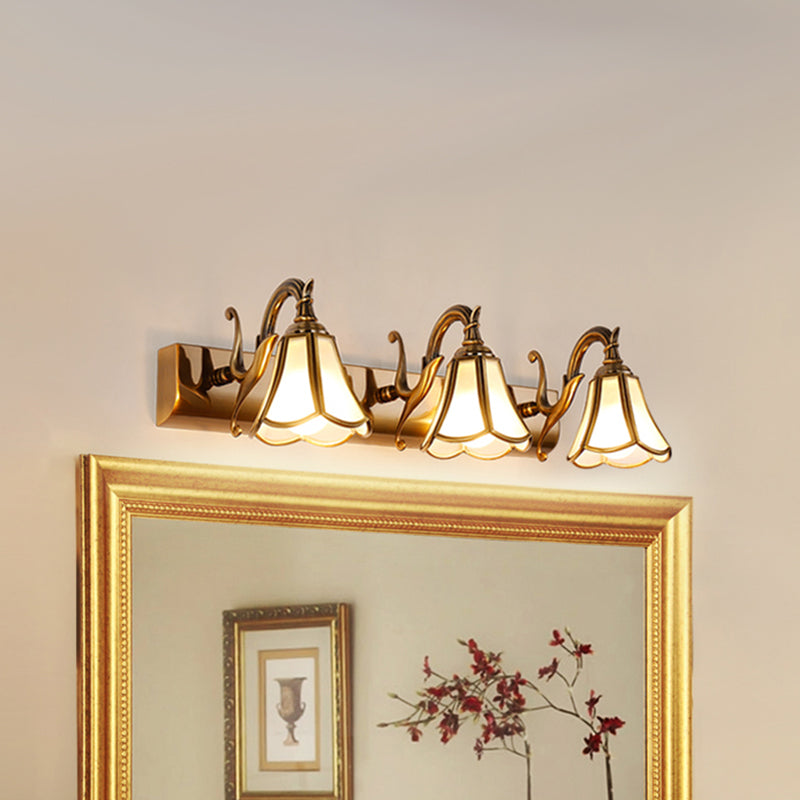Flower Bathroom Vanity Lighting Rustic Style White Glass 2/3/4 Bulbs Gold Wall Mounted Light Fixture 3.0 Gold Clearhalo 'Vanity Lights' 'Wall Lights' Lighting' 1425465