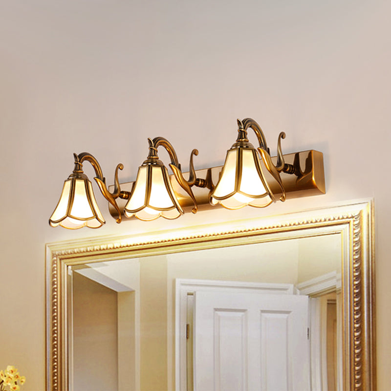 Flower Bathroom Vanity Lighting Rustic Style White Glass 2/3/4 Bulbs Gold Wall Mounted Light Fixture Clearhalo 'Vanity Lights' 'Wall Lights' Lighting' 1425466