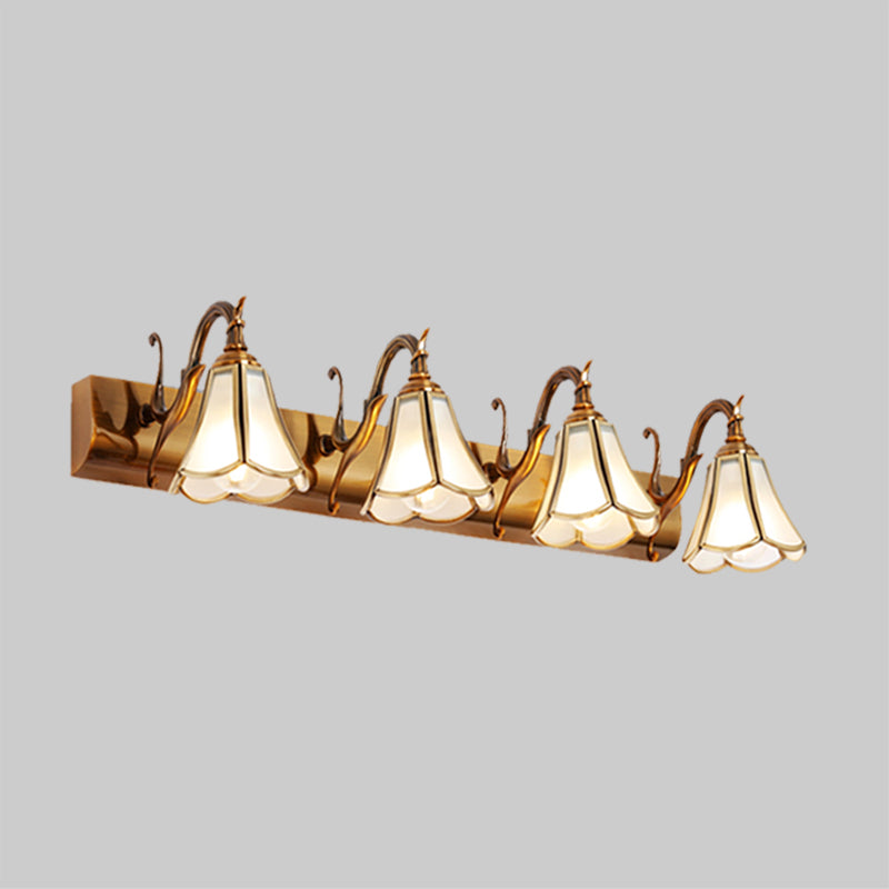 Flower Bathroom Vanity Lighting Rustic Style White Glass 2/3/4 Bulbs Gold Wall Mounted Light Fixture Clearhalo 'Vanity Lights' 'Wall Lights' Lighting' 1425473