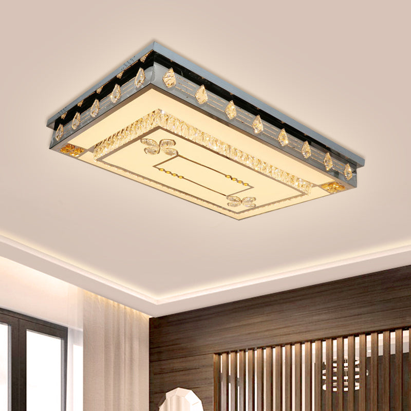Rectangular Ceiling Fixture Modern Clear Crystal Blocks Drawing Room LED Flush Mount Lamp in Stainless-Steel - Clearhalo - 'Ceiling Lights' - 'Close To Ceiling Lights' - 'Close to ceiling' - 'Flush mount' - Lighting' - 1425613