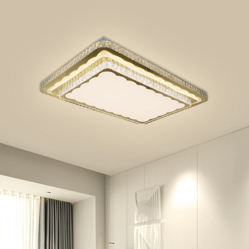 Contemporary Rectangle Flush Mount Lighting Clear Cut Crystal Blocks LED Ceiling Fixture in Nickel