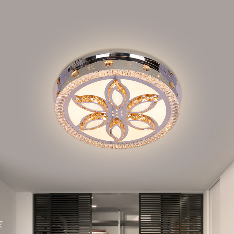 LED Round Flushmount Light Contemporary Stainless-Steel Finish Clear Crystal Blocks Ceiling Lamp with Flower Pattern - Stainless-Steel - Clearhalo - 'Ceiling Lights' - 'Close To Ceiling Lights' - 'Close to ceiling' - 'Flush mount' - Lighting' - 1425631