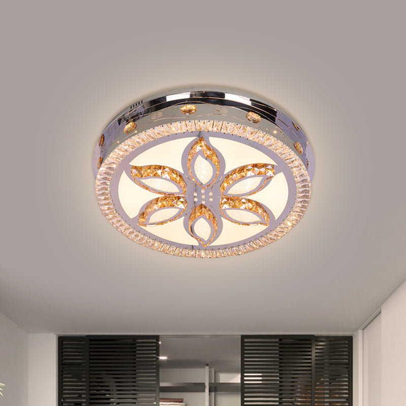 LED Round Flushmount Light Contemporary Stainless-Steel Finish Clear Crystal Blocks Ceiling Lamp with Flower Pattern Stainless-Steel Clearhalo 'Ceiling Lights' 'Close To Ceiling Lights' 'Close to ceiling' 'Flush mount' Lighting' 1425631