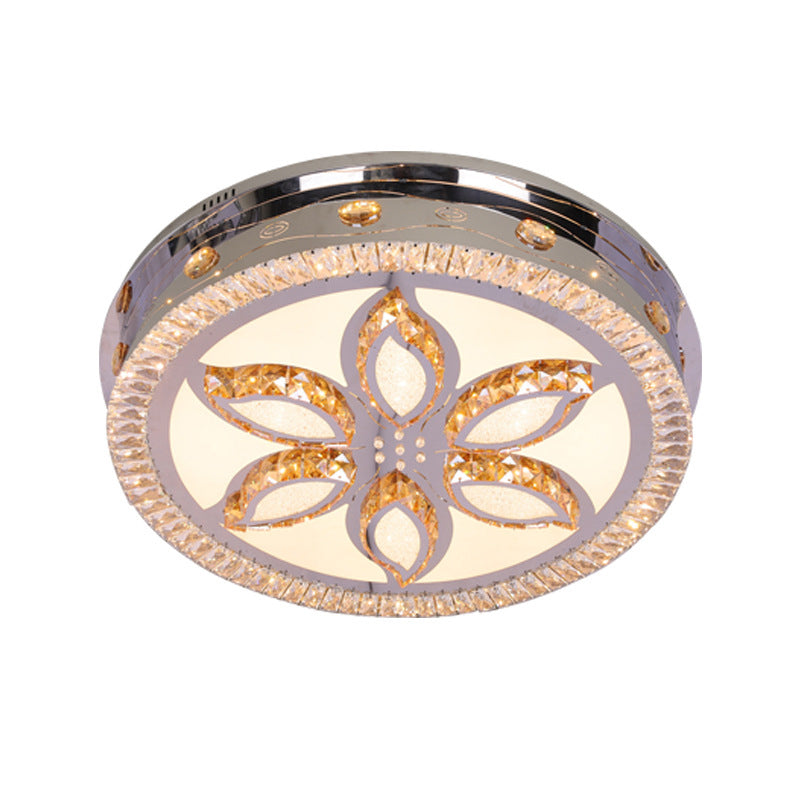 LED Round Flushmount Light Contemporary Stainless-Steel Finish Clear Crystal Blocks Ceiling Lamp with Flower Pattern - Clearhalo - 'Ceiling Lights' - 'Close To Ceiling Lights' - 'Close to ceiling' - 'Flush mount' - Lighting' - 1425633