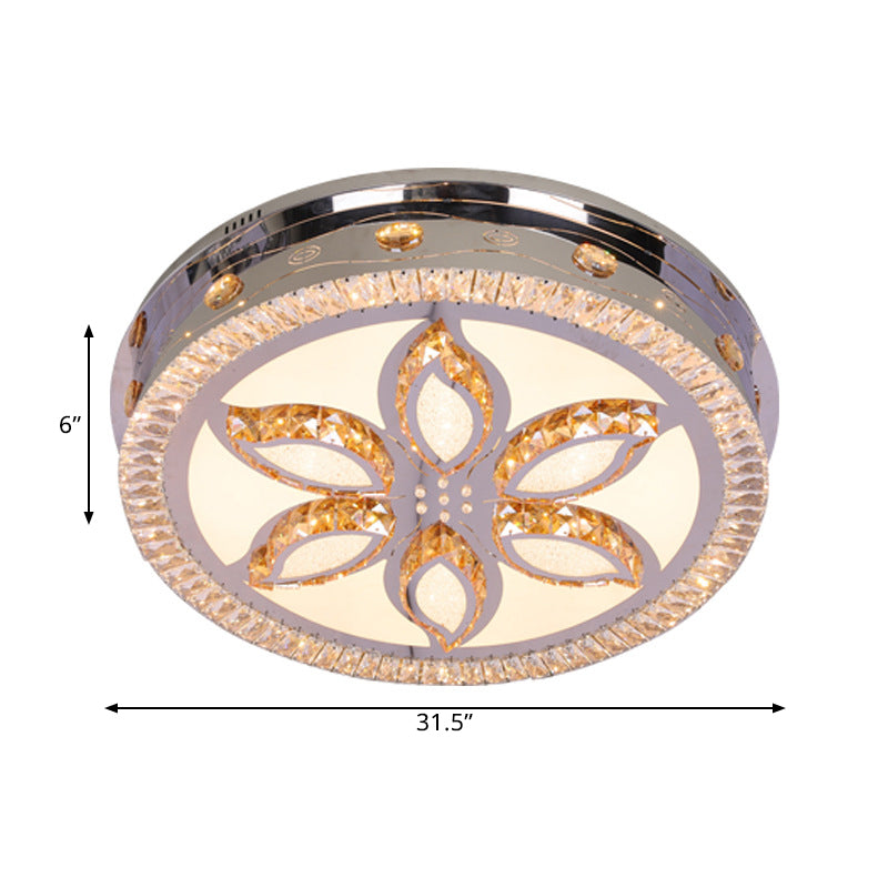 LED Round Flushmount Light Contemporary Stainless-Steel Finish Clear Crystal Blocks Ceiling Lamp with Flower Pattern - Clearhalo - 'Ceiling Lights' - 'Close To Ceiling Lights' - 'Close to ceiling' - 'Flush mount' - Lighting' - 1425634