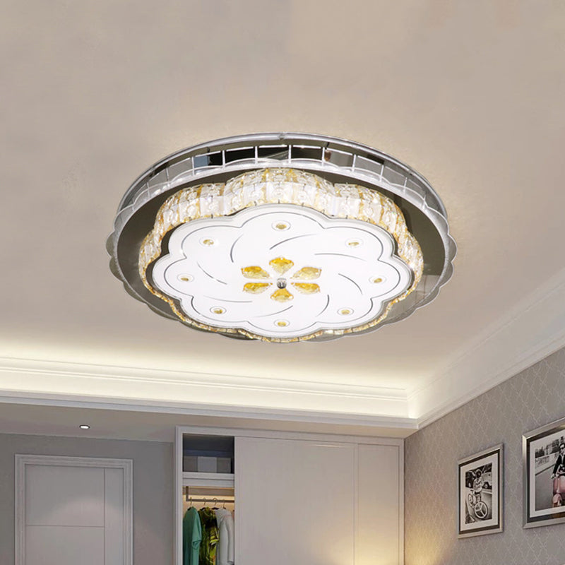 Cut Crystal Blocks LED Lighting Fixture Modern Stainless-Steel Floral Bedroom Flush Ceiling Light