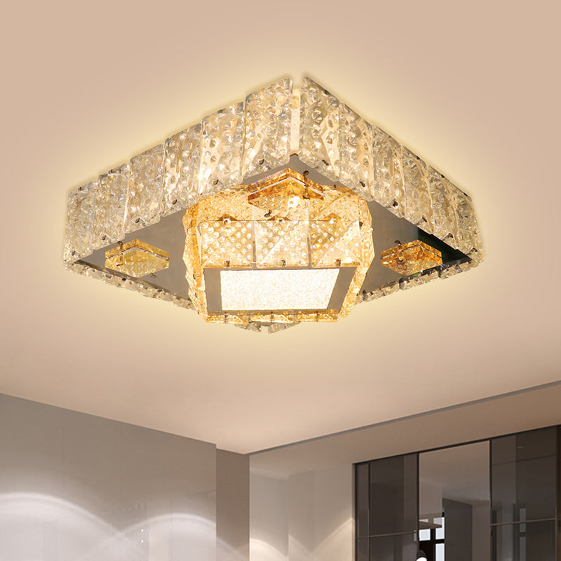 Modern Square Light Fixture Clear Crystal Blocks LED Flush Mount Lamp in Stainless-Steel - Clearhalo - 'Ceiling Lights' - 'Close To Ceiling Lights' - 'Close to ceiling' - 'Flush mount' - Lighting' - 1425728