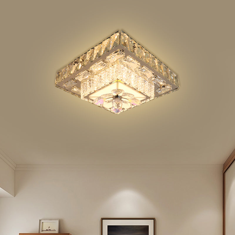 Clear Beveled Crystal Blocks Square Flushmount Contemporary LED Corridor Ceiling Lamp in Stainless-Steel - Clearhalo - 'Ceiling Lights' - 'Close To Ceiling Lights' - 'Close to ceiling' - 'Flush mount' - Lighting' - 1425740