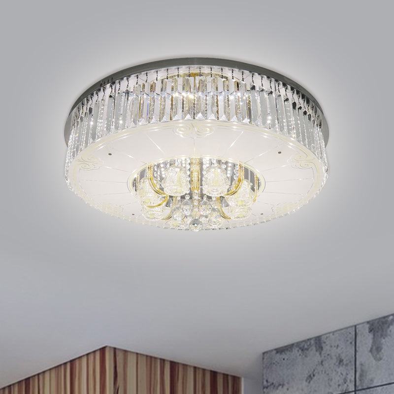 Nickel LED Flush Mount Lamp Modern Clear Crystal Prisms Drum Ceiling Lighting with Draping - Nickel - Clearhalo - 'Ceiling Lights' - 'Close To Ceiling Lights' - 'Close to ceiling' - 'Flush mount' - Lighting' - 1425751