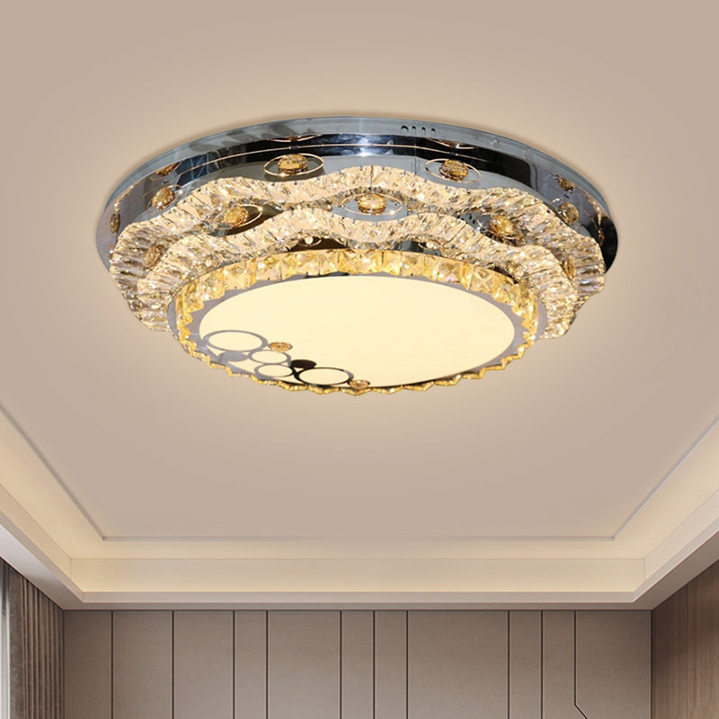 Contemporary Circular Flush Mount Clear Cut Crystal Blocks LED Ceiling Fixture in Stainless-Steel