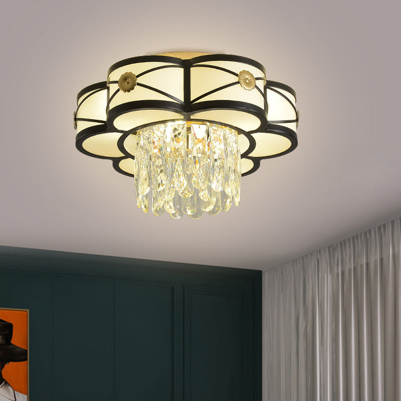 Floral Clear Crystal Draping Ceiling Lamp Contemporary 4/10 Bulbs Parlor Flushmount Light in Black, 16"/28.5" Wide