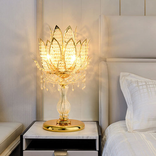 1 Bulb Table Light Mid-Century Lotus Clear Crystal Bedroom Nightstand Lamp with Gold Base Clear Clearhalo 'Lamps' 'Table Lamps' Lighting' 1426116
