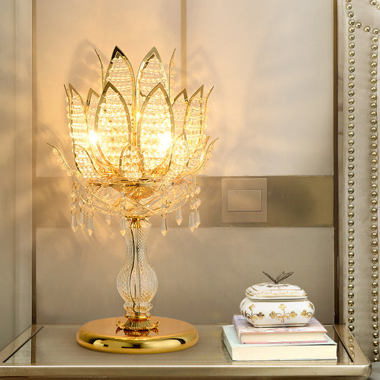 1 Bulb Table Light Mid-Century Lotus Clear Crystal Bedroom Nightstand Lamp with Gold Base Clearhalo 'Lamps' 'Table Lamps' Lighting' 1426117