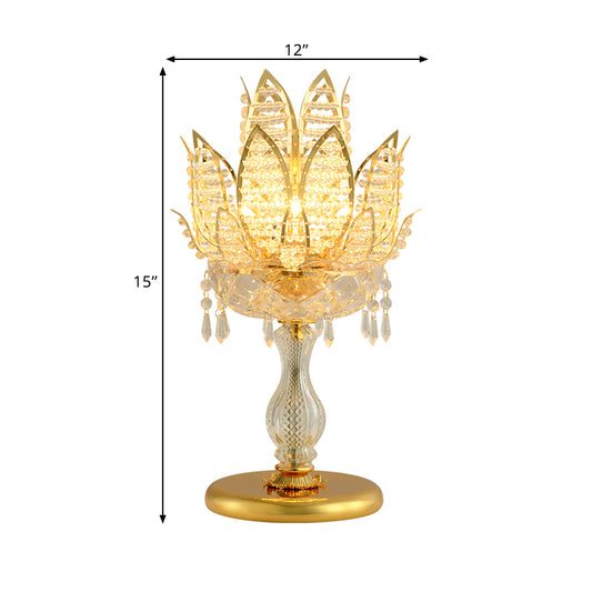 1 Bulb Table Light Mid-Century Lotus Clear Crystal Bedroom Nightstand Lamp with Gold Base Clearhalo 'Lamps' 'Table Lamps' Lighting' 1426119