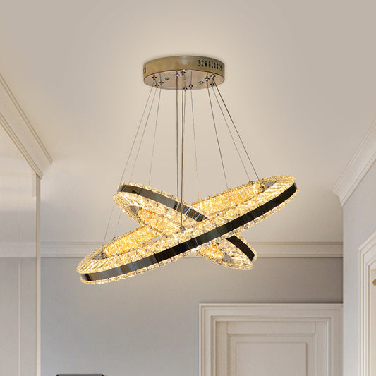 Double Ring Parlor Hanging Lamp Modern Clear Rectangular-Cut Crystals Black LED Multi Pendant Clearhalo 'Ceiling Lights' 'Chandeliers' 'Clear' 'Industrial Chandeliers' 'Industrial' 'Middle Century Chandeliers' 'Modern' 'Tiffany' 'Traditional Chandeliers' Lighting' 1426125