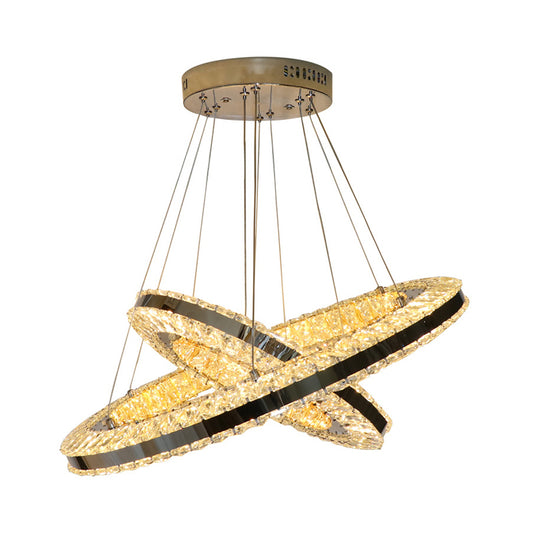 Double Ring Parlor Hanging Lamp Modern Clear Rectangular-Cut Crystals Black LED Multi Pendant Clearhalo 'Ceiling Lights' 'Chandeliers' 'Clear' 'Industrial Chandeliers' 'Industrial' 'Middle Century Chandeliers' 'Modern' 'Tiffany' 'Traditional Chandeliers' Lighting' 1426126
