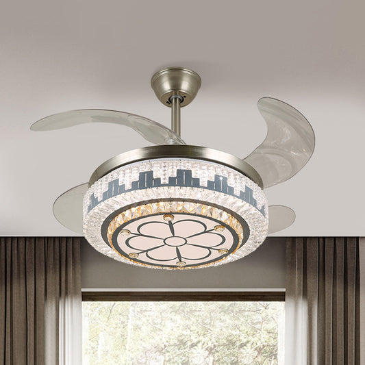 LED Circular Semi Flush Modern Stainless-Steel Clear Crystal Blocks 4 Blades Pendant Fan Light, 19" Wide Stainless-Steel A Clearhalo 'Ceiling Fans with Lights' 'Ceiling Fans' 'Modern Ceiling Fans' 'Modern' Lighting' 1426132