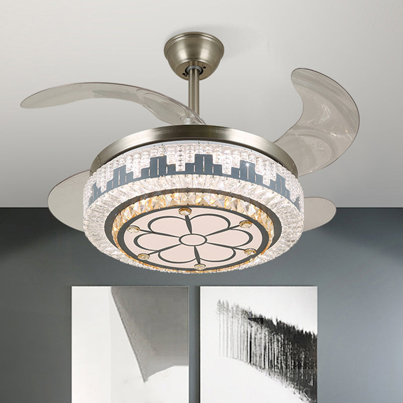 LED Circular Semi Flush Modern Stainless-Steel Clear Crystal Blocks 4 Blades Pendant Fan Light, 19" Wide Clearhalo 'Ceiling Fans with Lights' 'Ceiling Fans' 'Modern Ceiling Fans' 'Modern' Lighting' 1426133