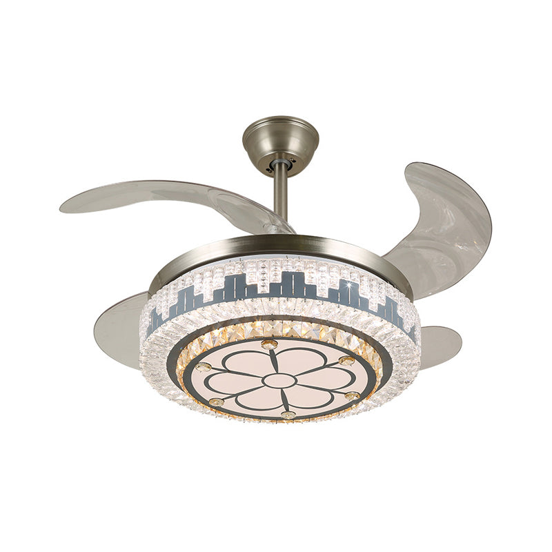 LED Circular Semi Flush Modern Stainless-Steel Clear Crystal Blocks 4 Blades Pendant Fan Light, 19" Wide Clearhalo 'Ceiling Fans with Lights' 'Ceiling Fans' 'Modern Ceiling Fans' 'Modern' Lighting' 1426134