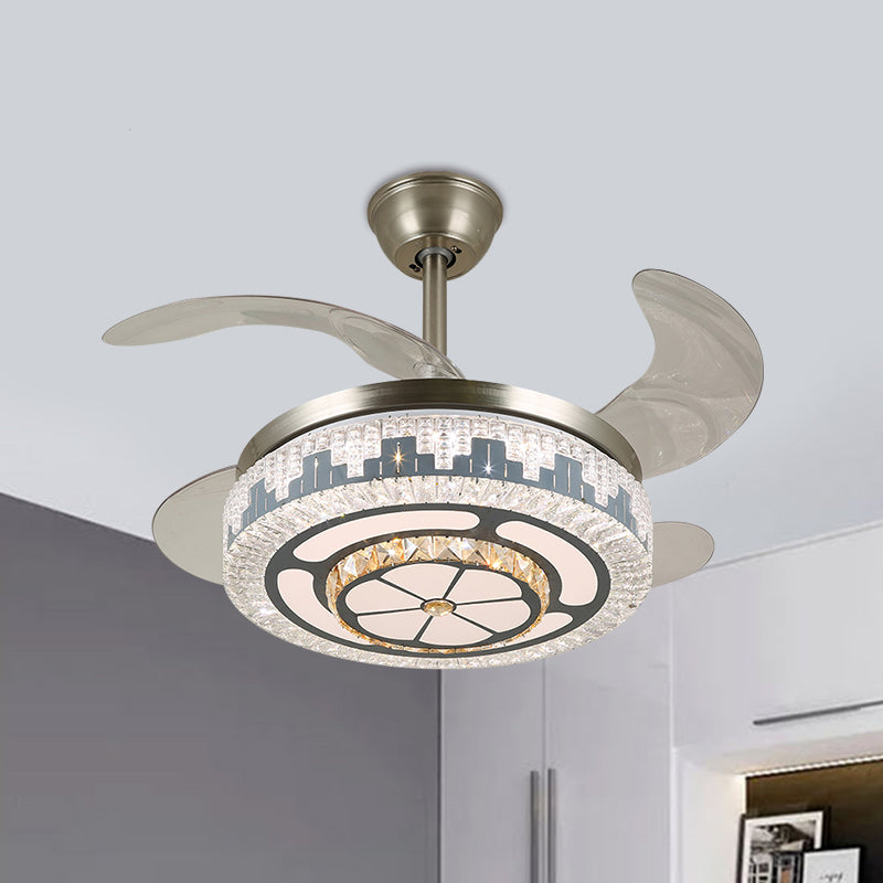 LED Circular Semi Flush Modern Stainless-Steel Clear Crystal Blocks 4 Blades Pendant Fan Light, 19" Wide Stainless-Steel B Clearhalo 'Ceiling Fans with Lights' 'Ceiling Fans' 'Modern Ceiling Fans' 'Modern' Lighting' 1426136