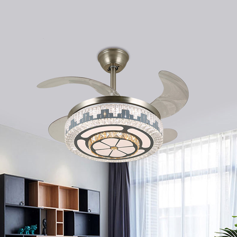 LED Circular Semi Flush Modern Stainless-Steel Clear Crystal Blocks 4 Blades Pendant Fan Light, 19" Wide Clearhalo 'Ceiling Fans with Lights' 'Ceiling Fans' 'Modern Ceiling Fans' 'Modern' Lighting' 1426137